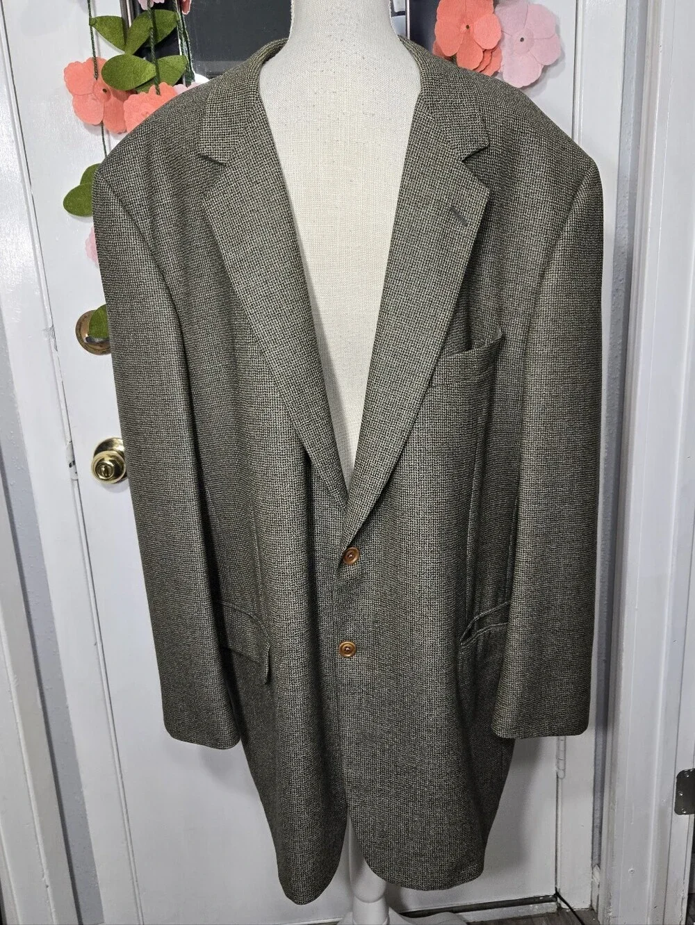Vintage Samuelsohn Brown & Navy Windowpane Super 100s Sport Coat Sz 50 XL